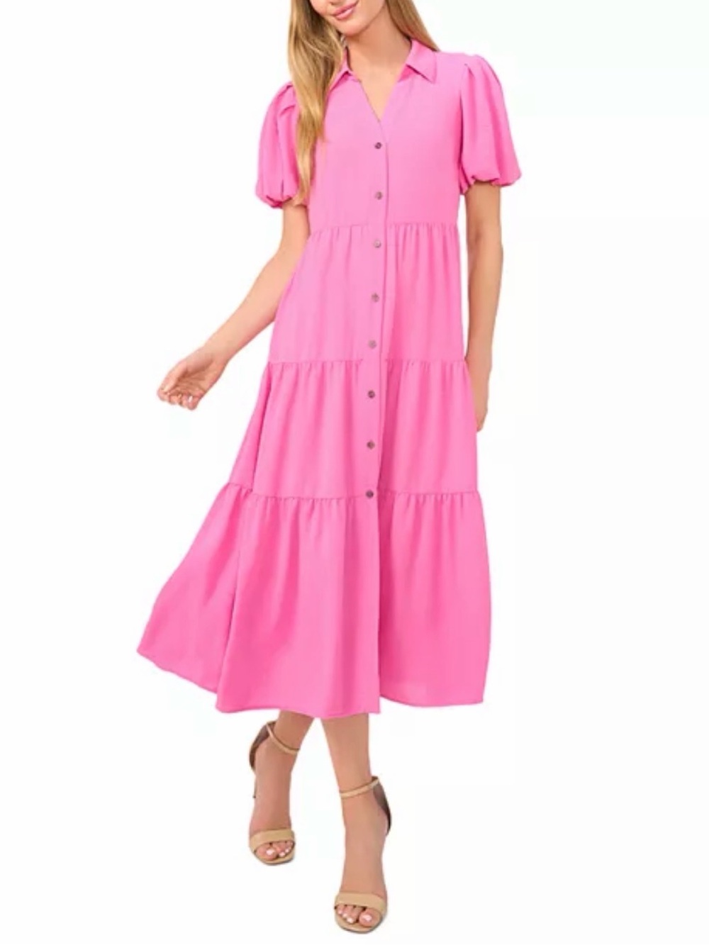 Pink CeCe Short Sleeve Tiered Midi Shirt Dress Size S